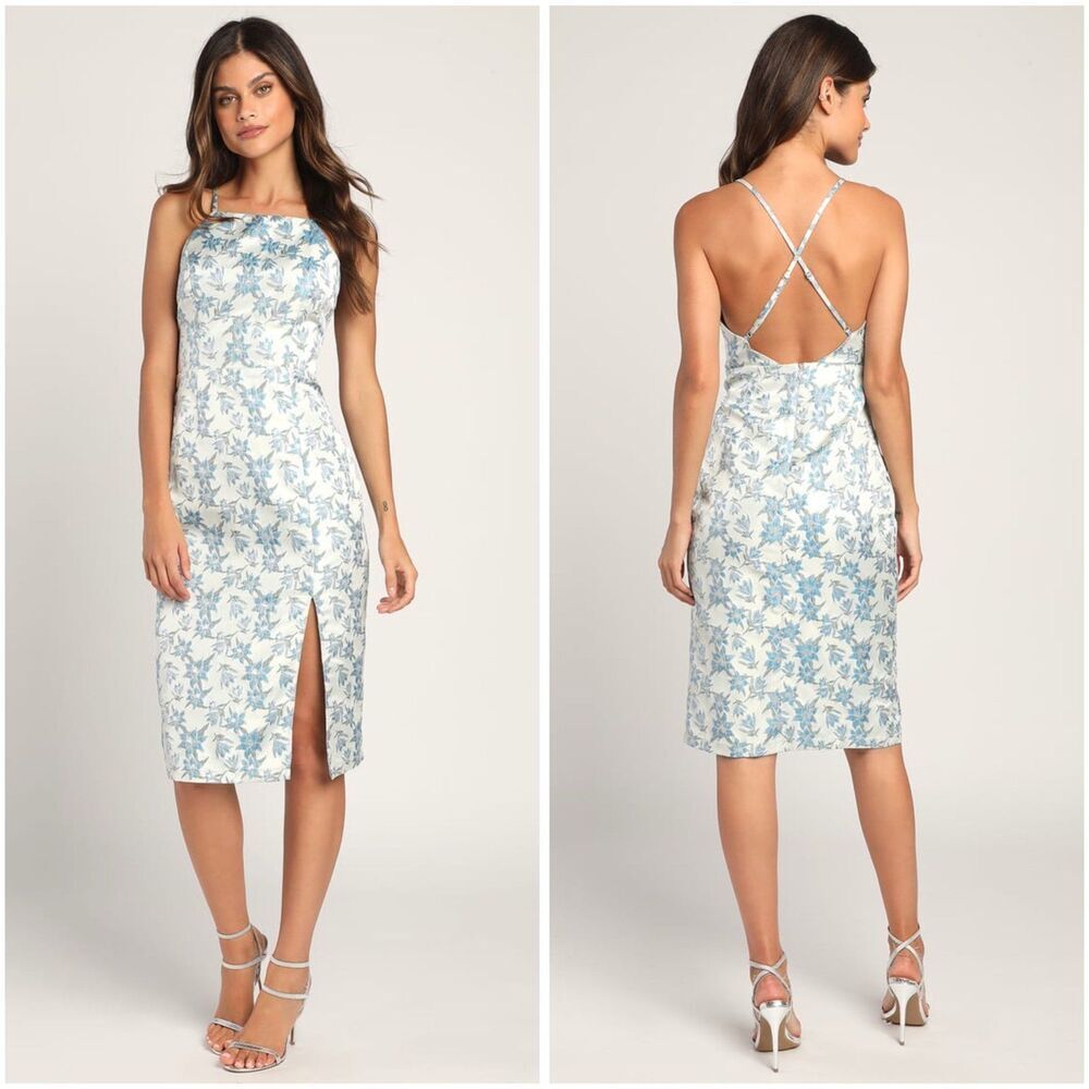 Lulus Versailles Vibes Light Blue Jacquard Metallic Midi Dress size L NWTs